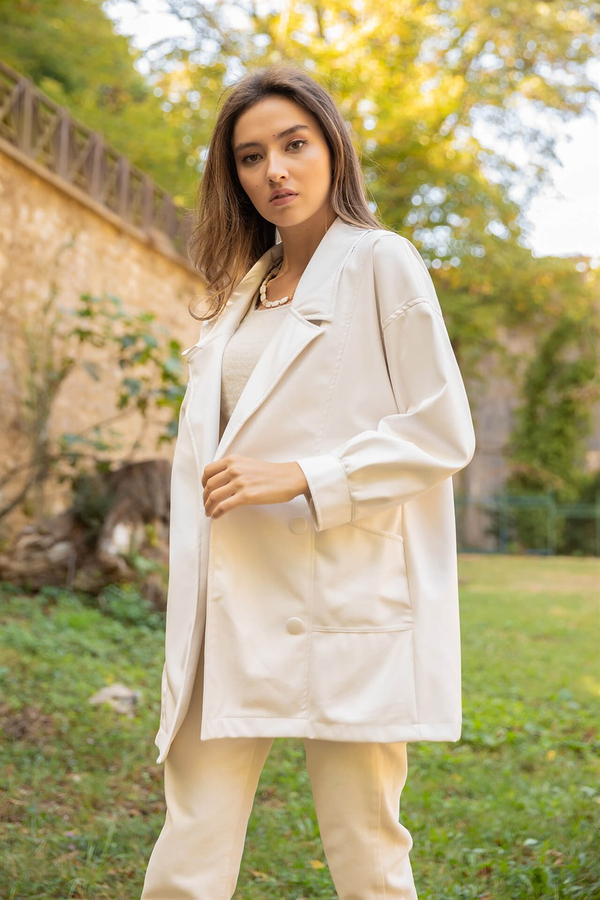 Vintage Stil Deri Ceket - KREM