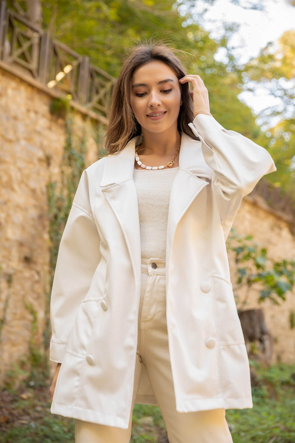 Vintage Stil Deri Ceket - KREM