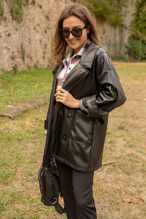 Vintage Stil Deri Ceket - SİYAH