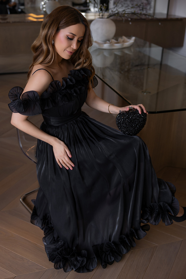 Volanlı Krinkıl Midi Abiye - SİYAH