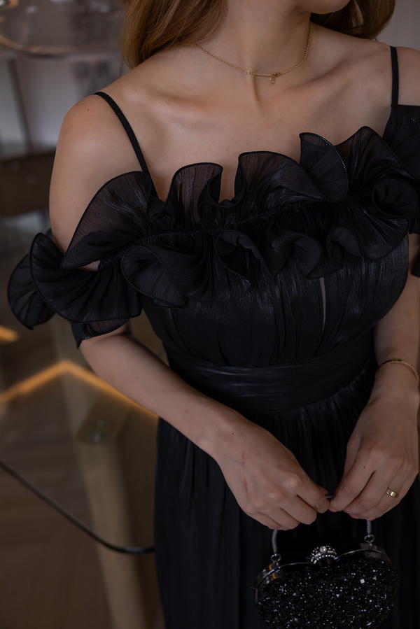 Volanlı Krinkıl Midi Abiye - SİYAH