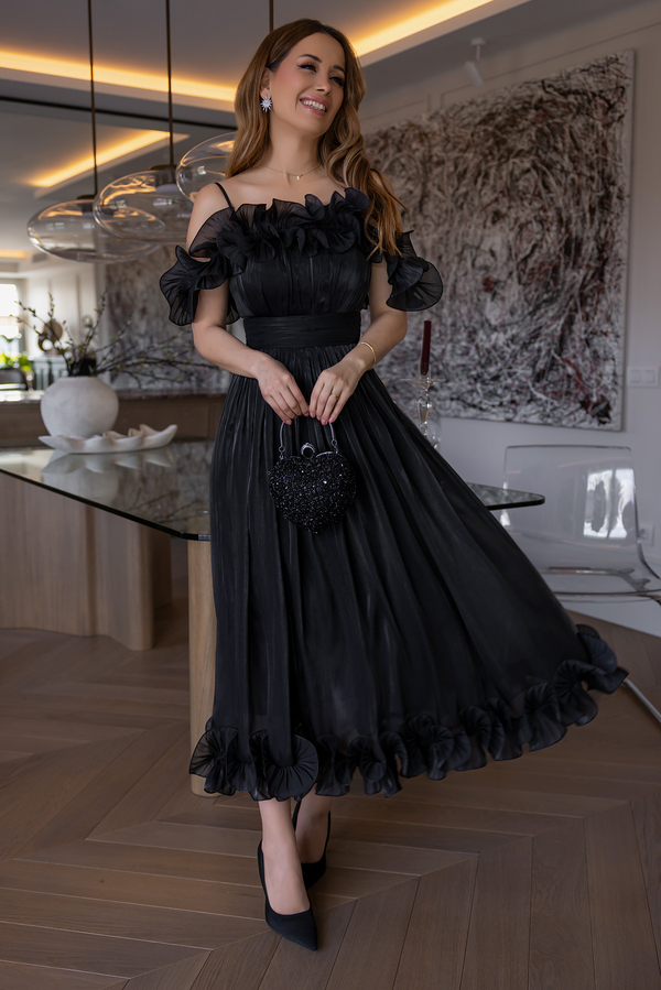 Volanlı Krinkıl Midi Abiye - SİYAH