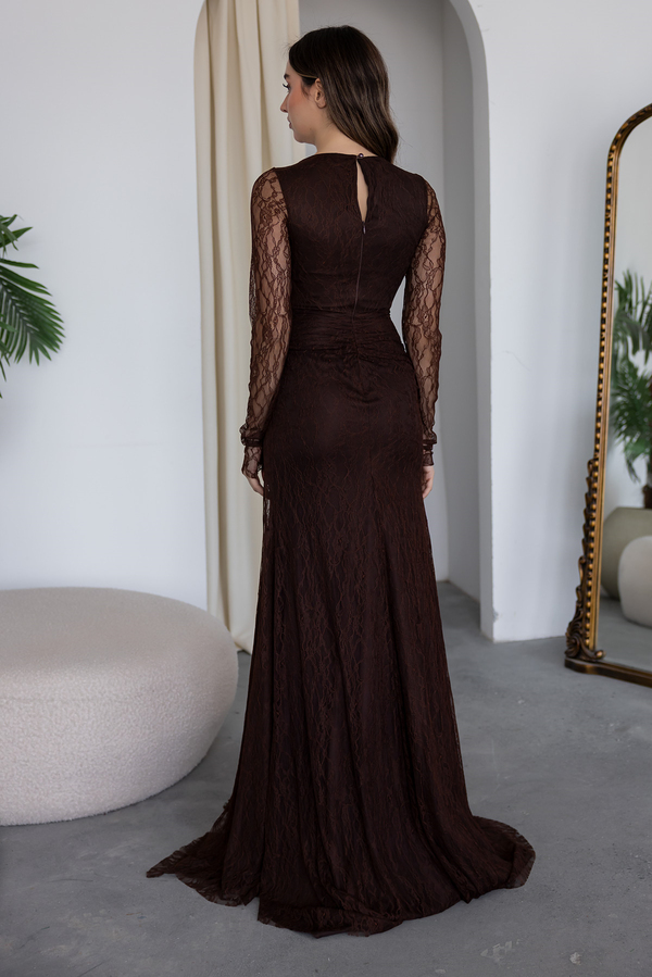 Yaka Boncuk İşlemeli Dantelli Abiye - KAHVERENGİ