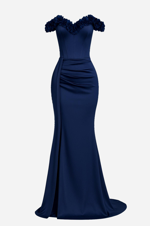 Satin Gown with Floral Collar - Navy Blue