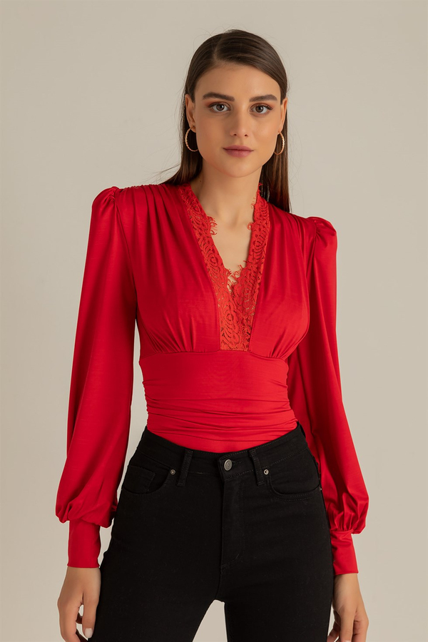 Yaka Dantel Bodysuit - KIRMIZI