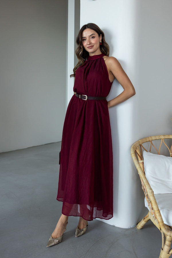 Yaka Dantel Detaylı Elbise - BORDO