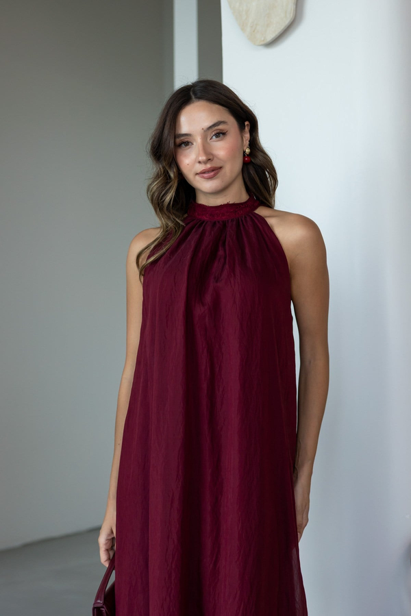 Yaka Dantel Detaylı Elbise - BORDO