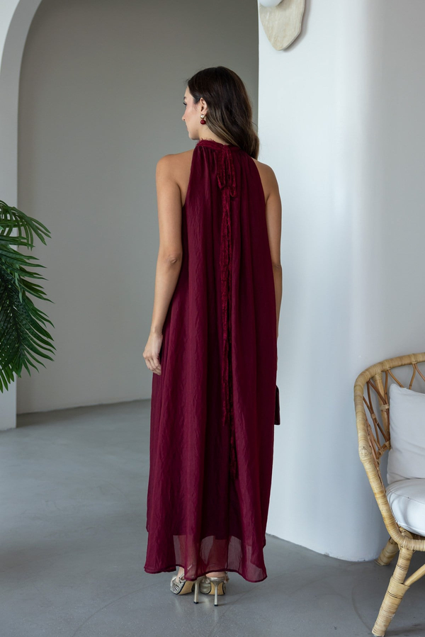 Yaka Dantel Detaylı Elbise - BORDO