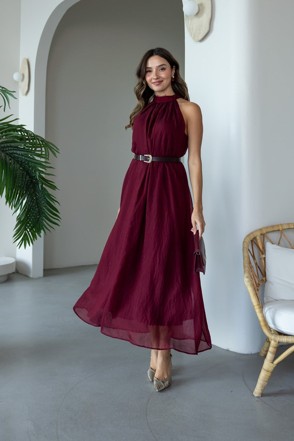 Yaka Dantel Detaylı Elbise - BORDO