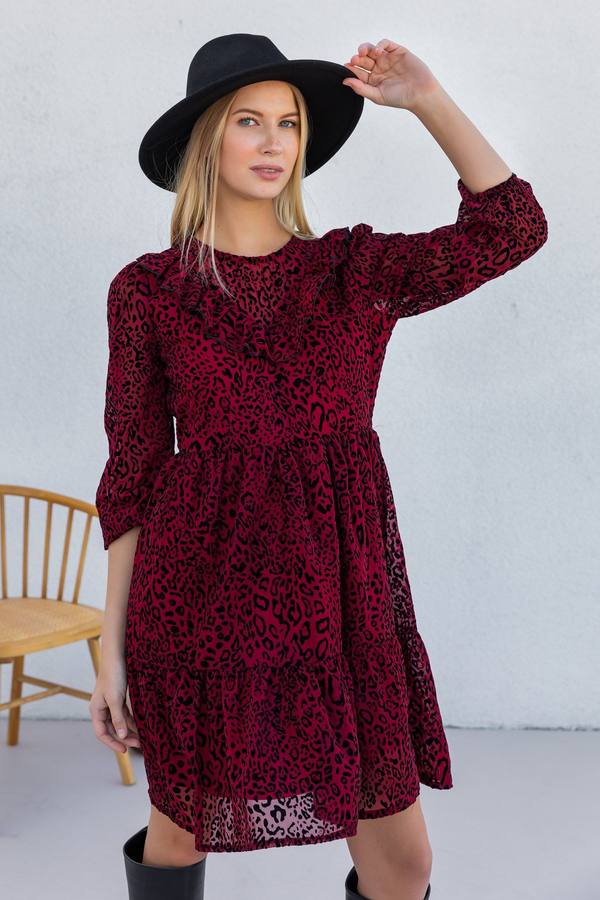 Yaka Detaylı Leopar Elbise - BORDO