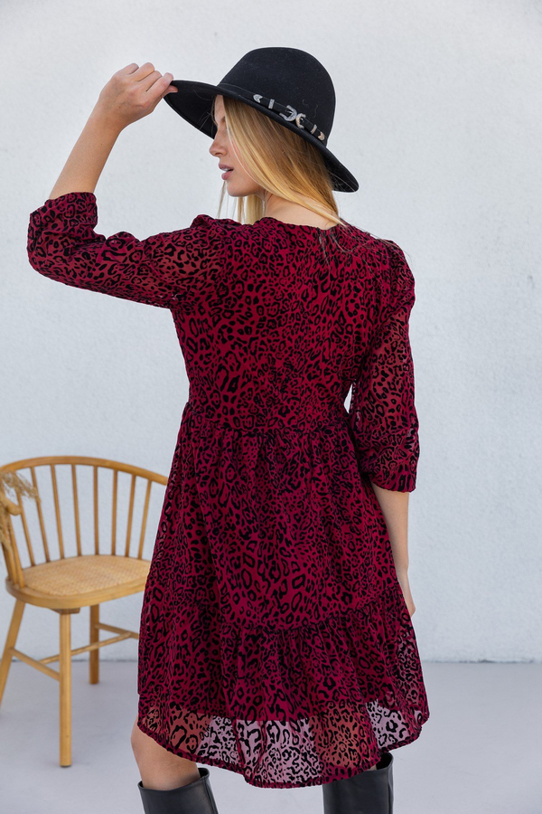 Yaka Detaylı Leopar Elbise - BORDO
