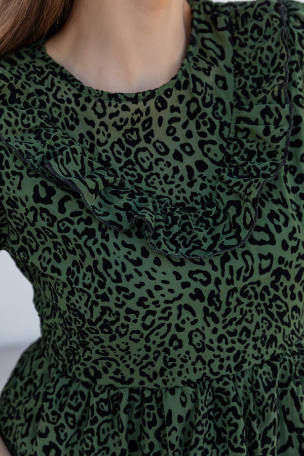 Yaka Detaylı Leopar Elbise - YEŞİL