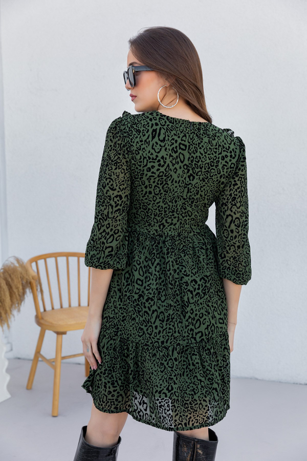 Yaka Detaylı Leopar Elbise - YEŞİL