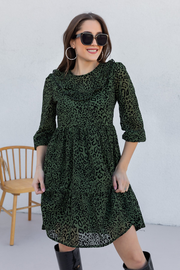 Yaka Detaylı Leopar Elbise - YEŞİL