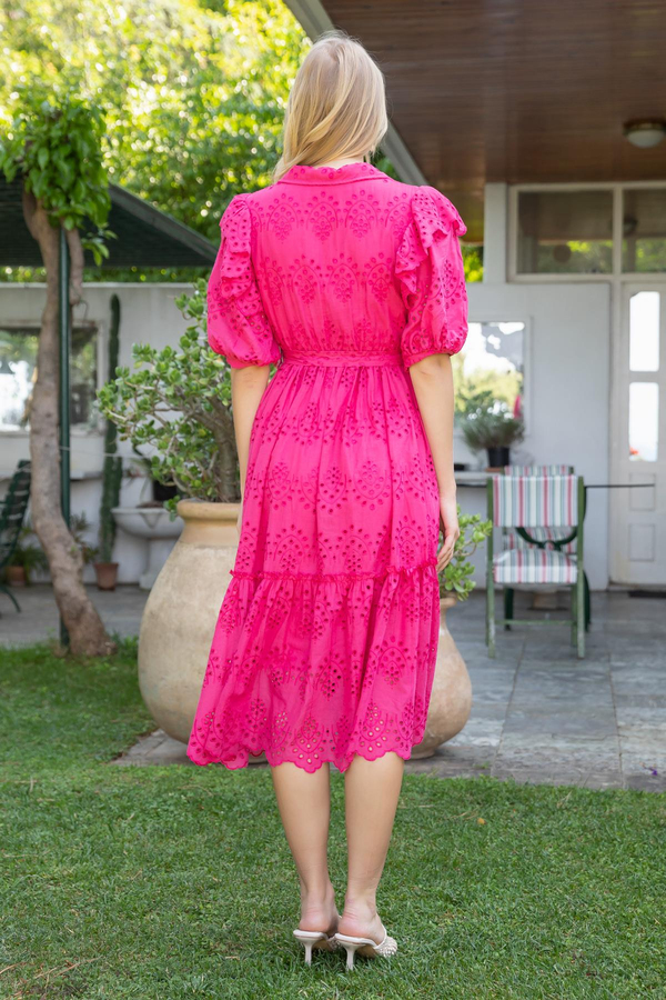 Yakalı Brode Elbise - PEMBE