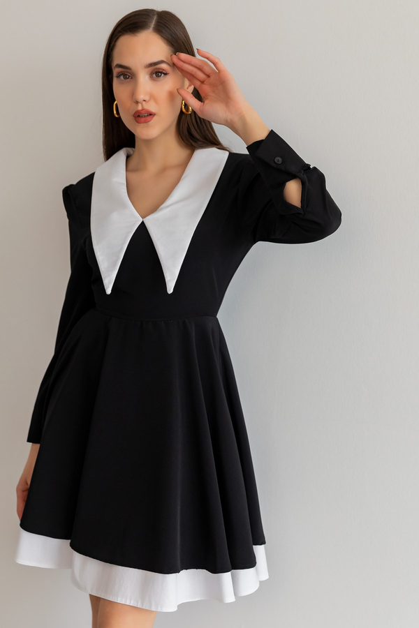 Yakalı Mini Elbise - SİYAH
