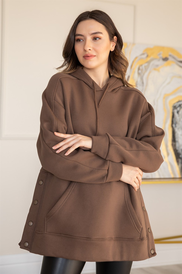 Yan Çıtçıtlı Kanguru Sweat - KAHVERENGİ