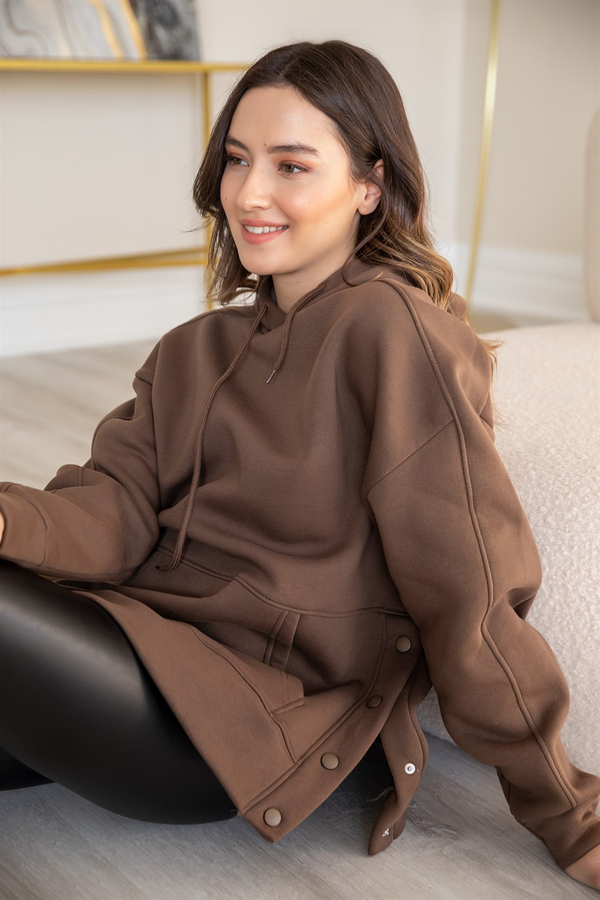 Yan Çıtçıtlı Kanguru Sweat - KAHVERENGİ