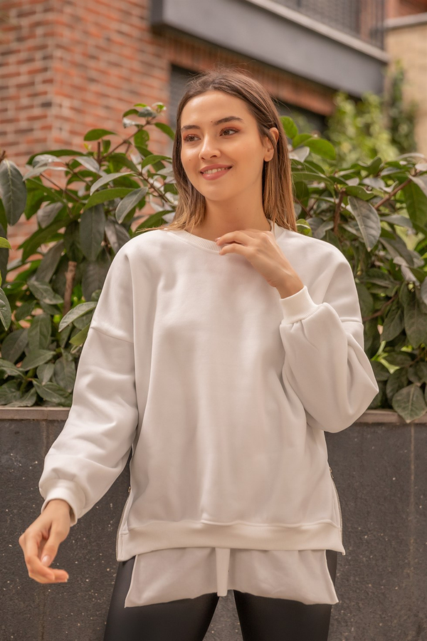 Yan Fermuar Şardonlu Sweat - BEYAZ