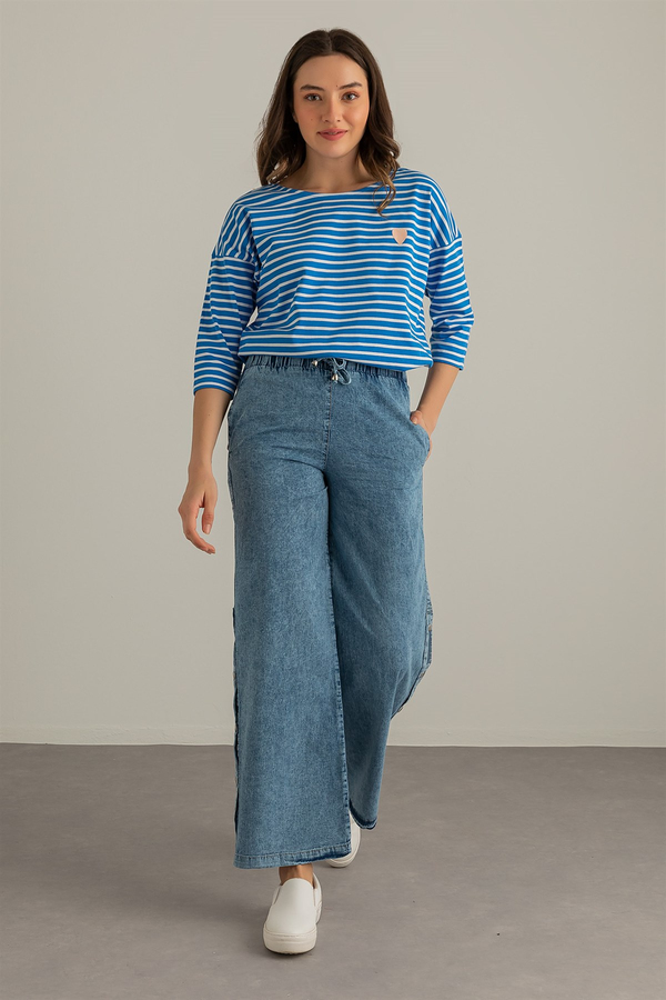 Yanları Çıtçıtlı Kot Pantolon - MAVİ