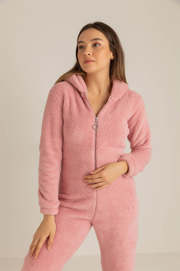 Yarım Fermuarlı Peluş Tulum - PEMBE