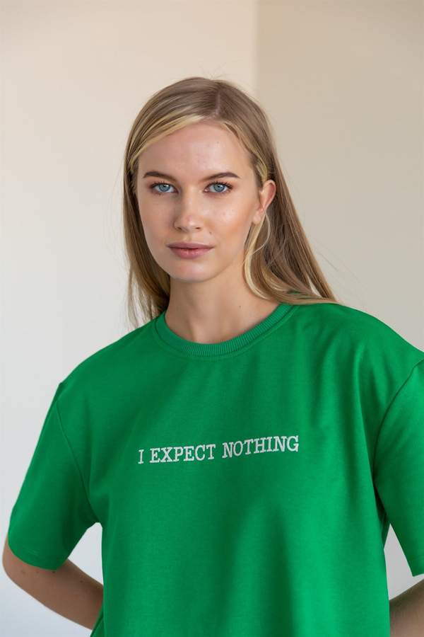 Yazı Nakışlı T-shirt - YEŞİL