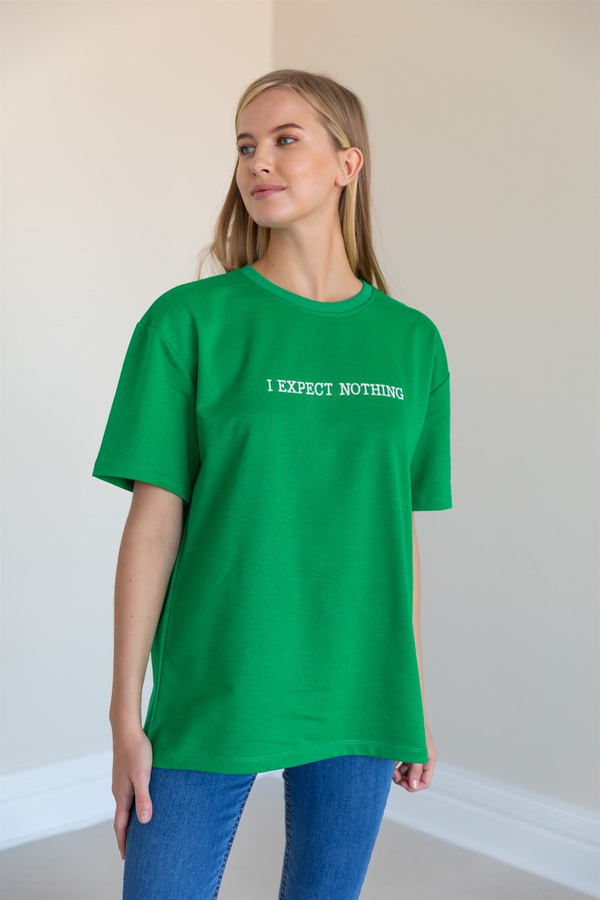 Yazı Nakışlı T-shirt - YEŞİL
