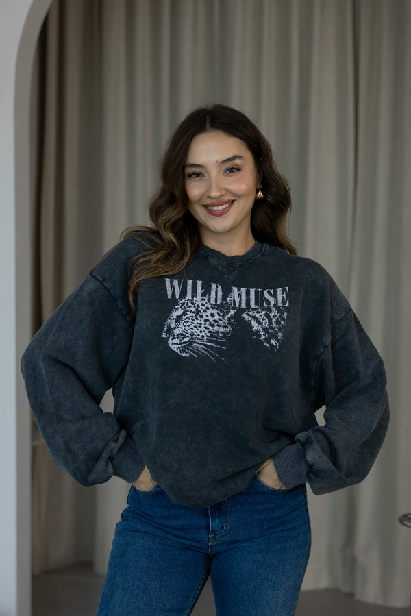 Yıkamalı Leopar Baskılı Oversize Sweat - ANTRASİT