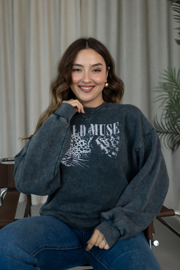 Yıkamalı Leopar Baskılı Oversize Sweat - ANTRASİT