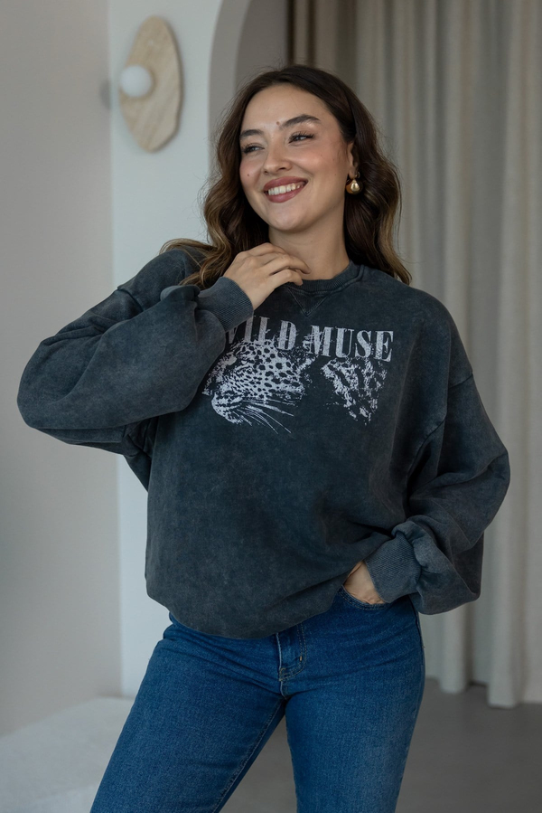 Yıkamalı Leopar Baskılı Oversize Sweat - ANTRASİT