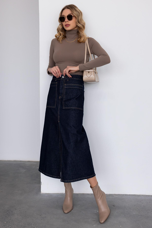 Yırtmaçlı Denim Etek - LACİVERT