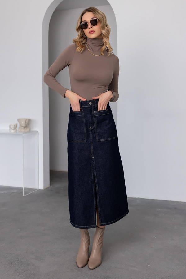 Yırtmaçlı Denim Etek - LACİVERT