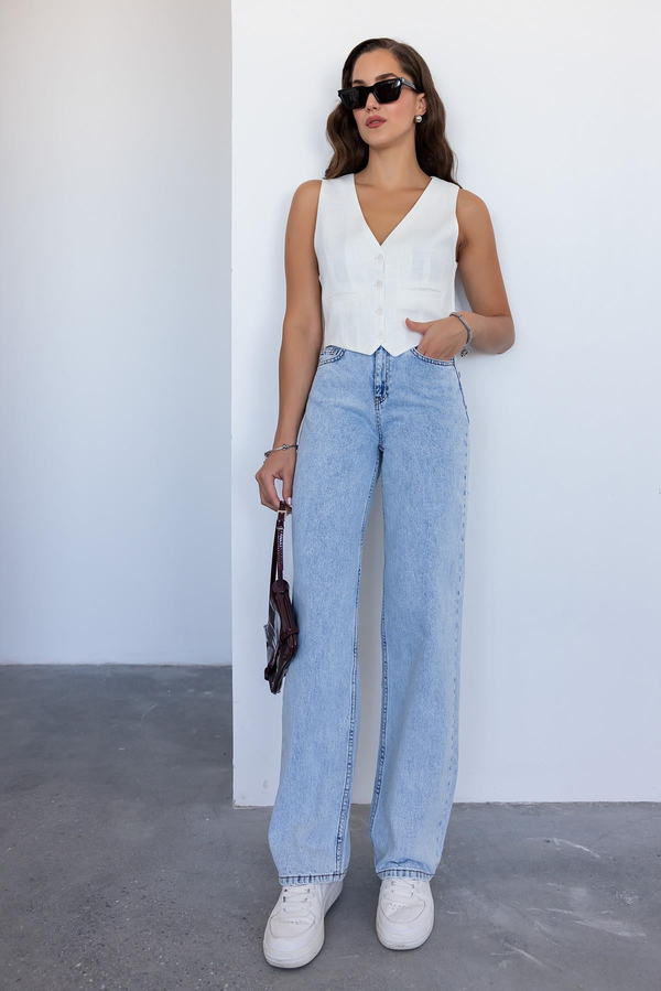 Yüksek Bel Denim Pantolon - MAVİ