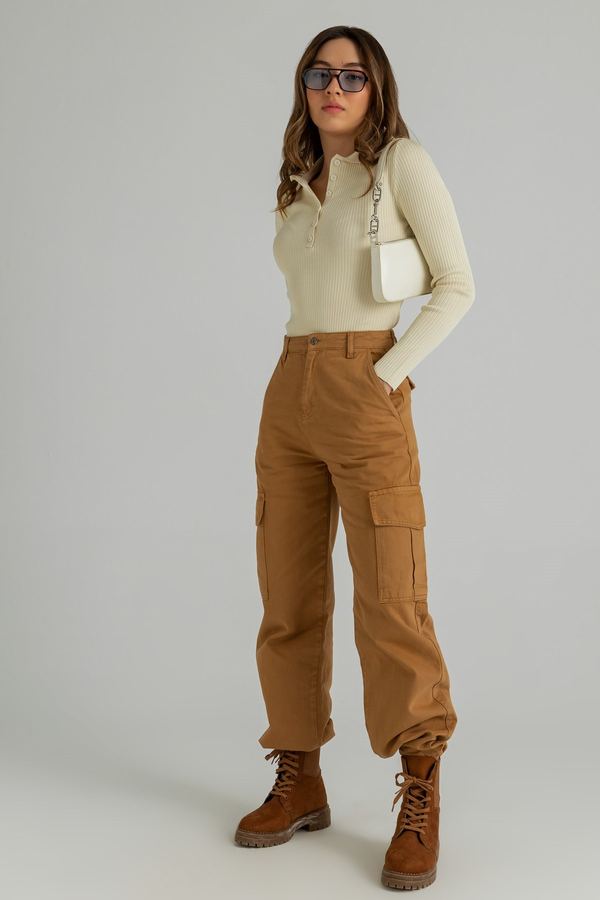 Yüksek Bel Kargo Pantolon - CAMEL