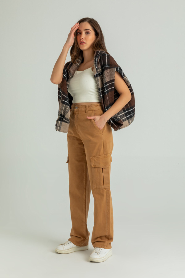 Yüksek Bel Kargo Pantolon - CAMEL