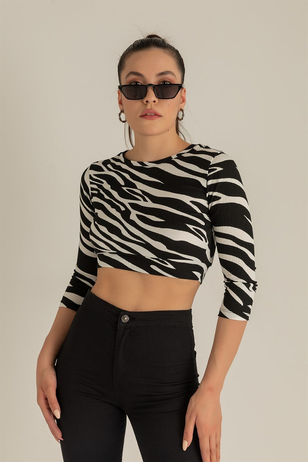 Zebra Desen Crop Bluz - SİYAH