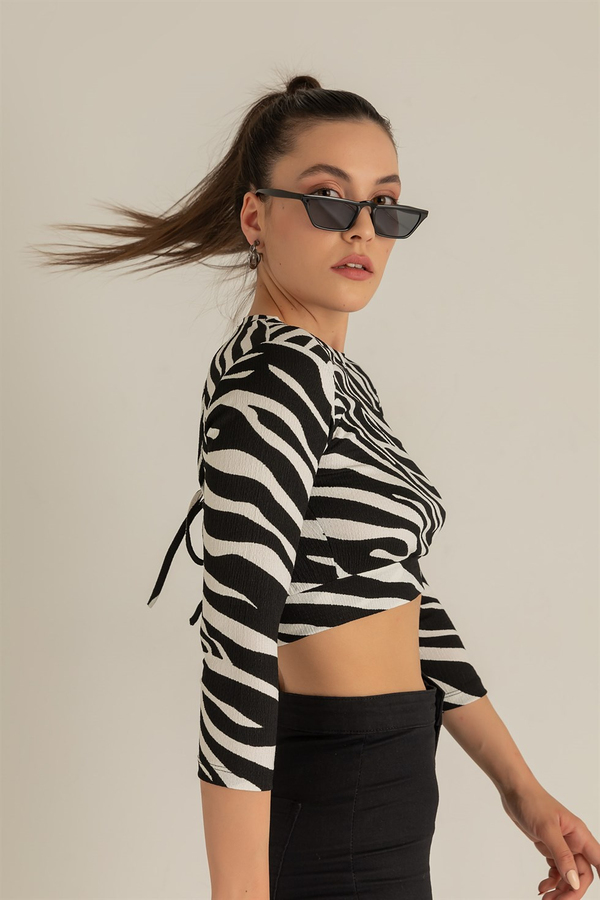 Zebra Desen Crop Bluz - SİYAH