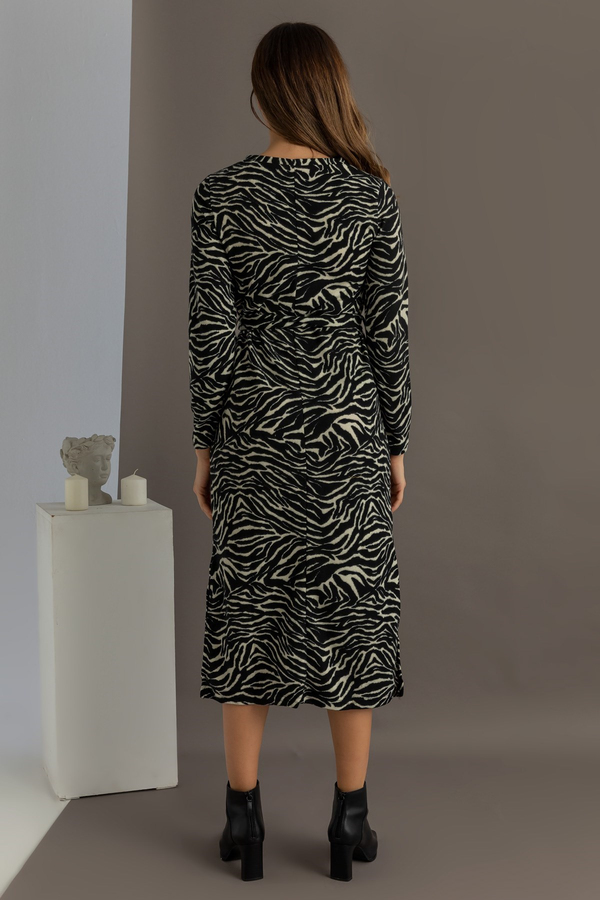 Zebra Desen Uzun Kollu Elbise - SİYAH