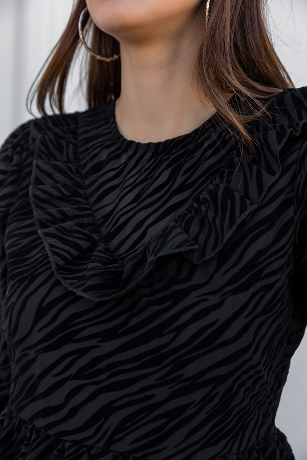Zebra Desen Yaka Detay Elbise - SİYAH