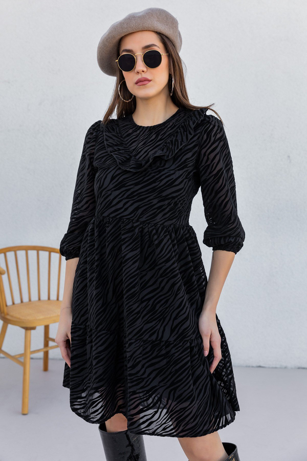 Zebra Desen Yaka Detay Elbise - SİYAH