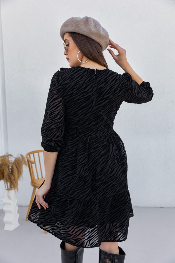 Zebra Desen Yaka Detay Elbise - SİYAH
