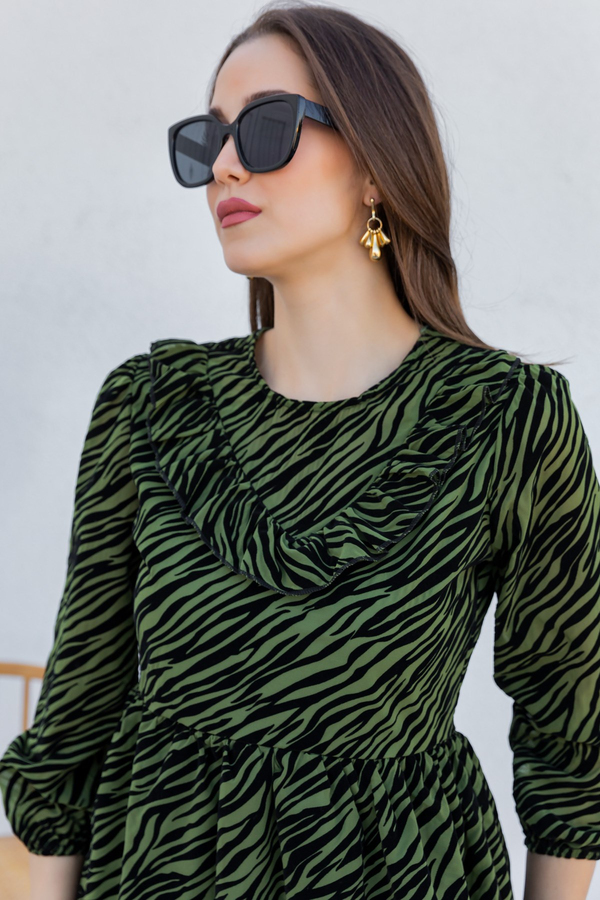 Zebra Desen Yaka Detay Elbise - YEŞİL