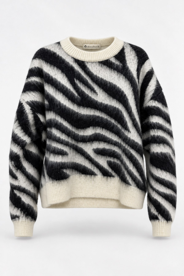 Zebra Desen Yumuşak Dokulu Kazak - EKRU-SİYAH