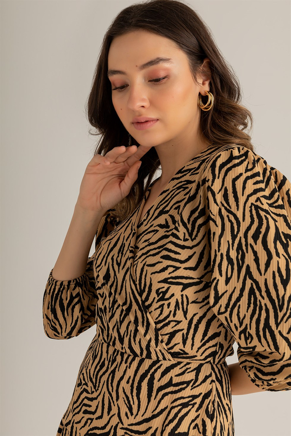 Zebra Desenli Elbise - CAMEL