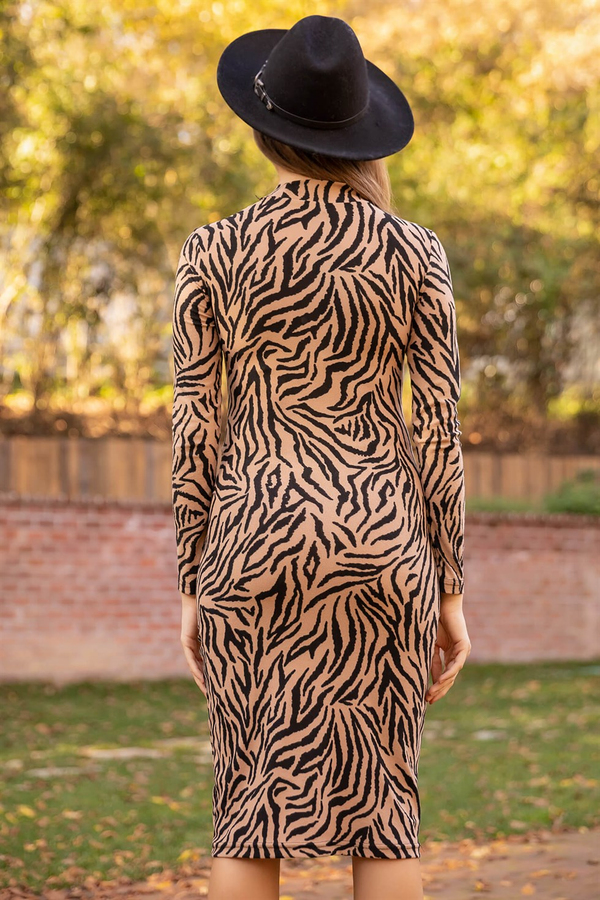 Zebra Desenli Kalem Elbise - CAMEL