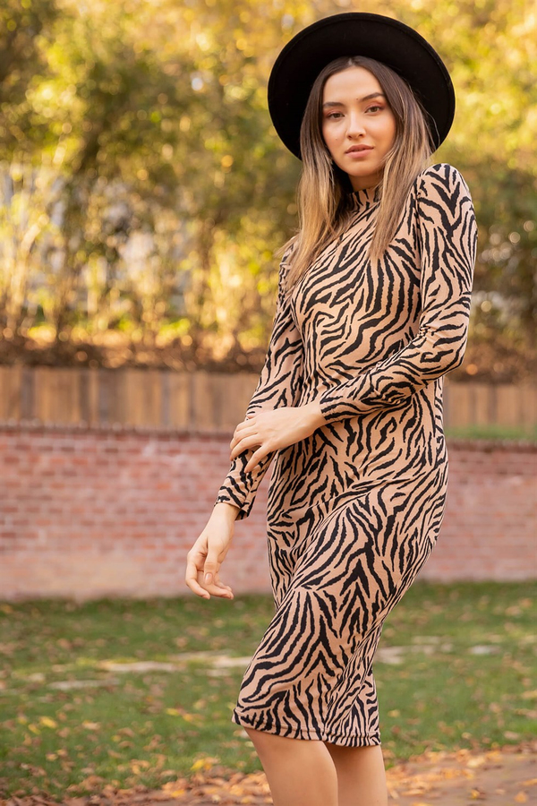 Zebra Desenli Kalem Elbise - CAMEL