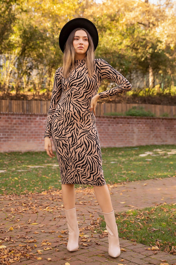Zebra Desenli Kalem Elbise - CAMEL