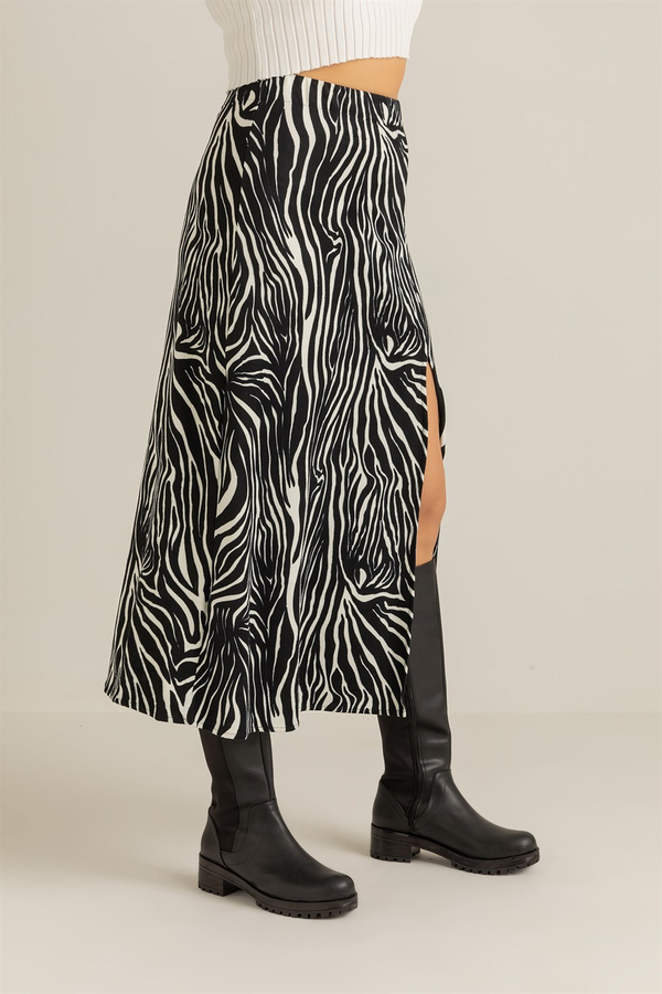 Zebra Desenli Yırtmaçlı Etek - SİYAH