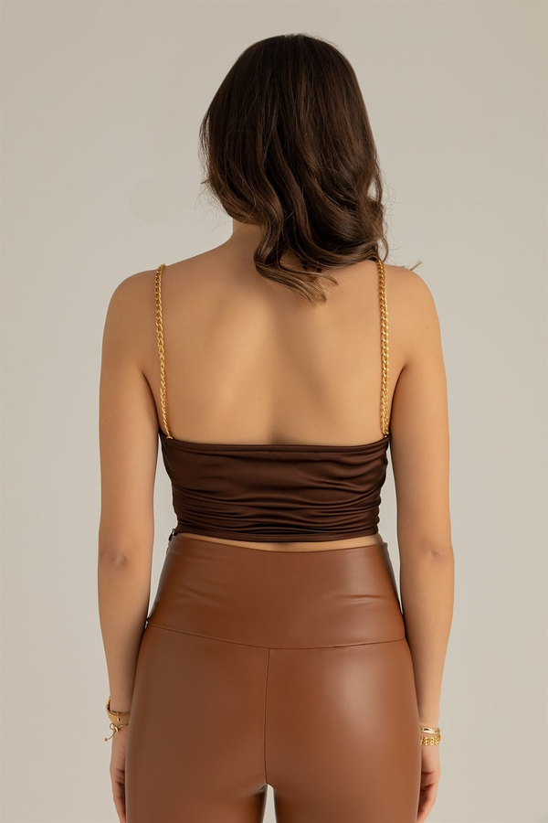 Zincir Askılı Saten Crop - KAHVERENGİ