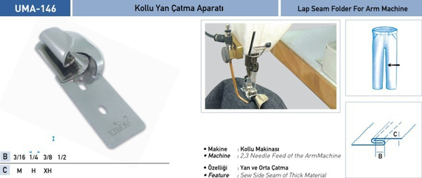 FDM | Uma-146 | Kollu Yan Çatma Aparatı | 3/16 M | Sanayi Tipi Kollu Çift İğne Makinelerinde Kullanılır | Yan Ve Orta Çatmada Uygulanır ürün uygulama ve ölçü görseli 2